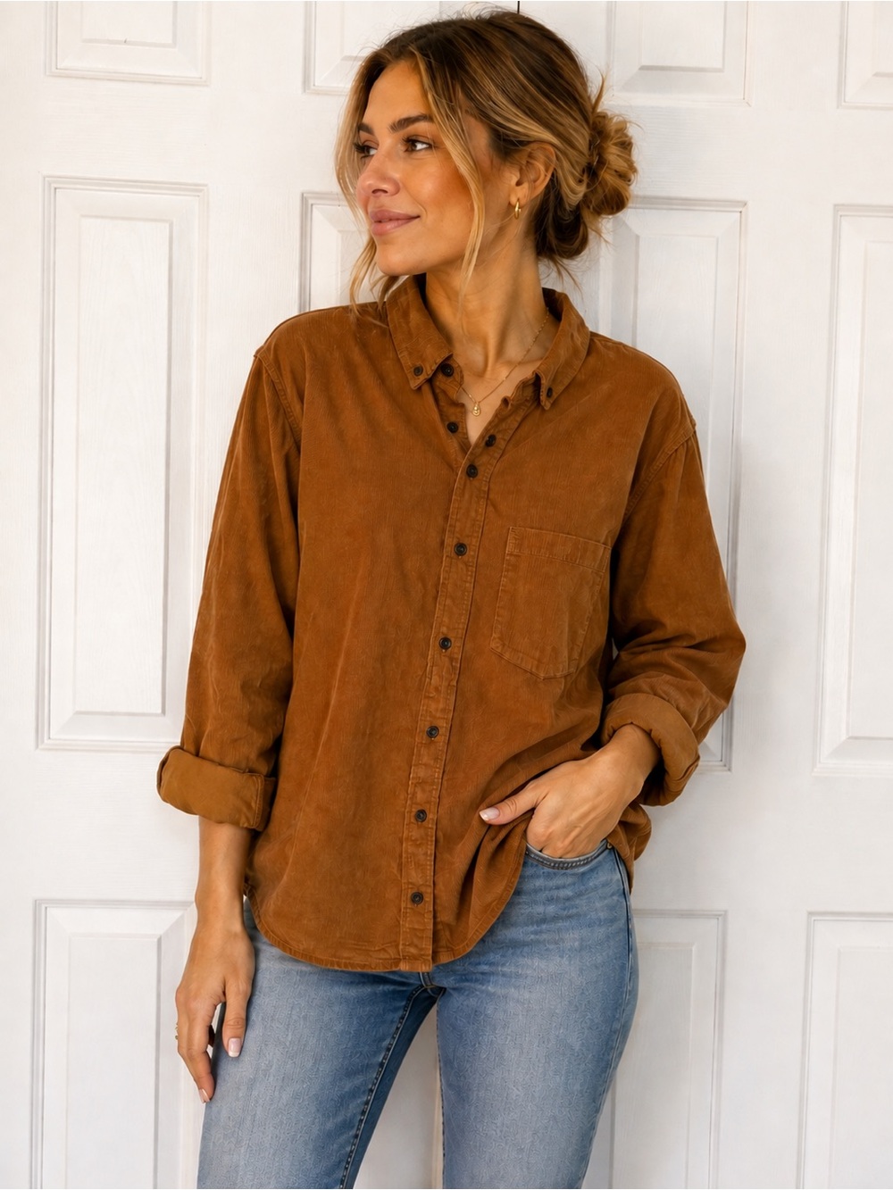 Alpine Design Women’s Brown Corduroy Button Down Shirt Medium Organic Cotton NWT